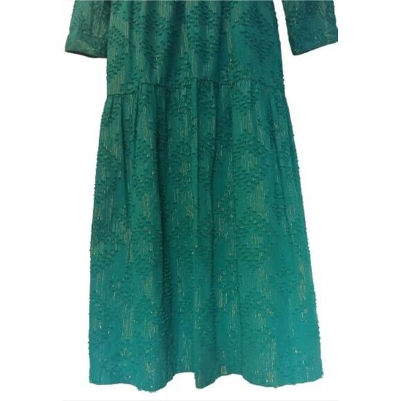 Crown & Ivy Size M Petite Ruffle Neck Tiered Midi Dress Emerald Green Gold Fall - Picture 9 of 13